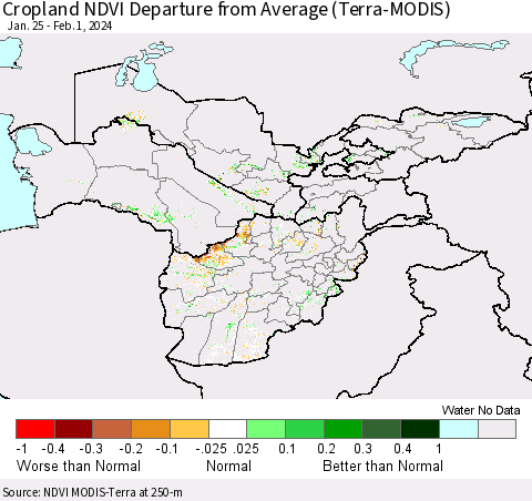 Central Asia Cropland NDVI Departure from Average (Terra-MODIS) Thematic Map For 1/25/2024 - 2/1/2024