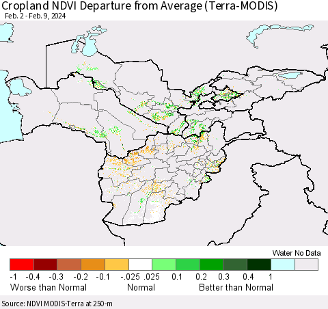 Central Asia Cropland NDVI Departure from Average (Terra-MODIS) Thematic Map For 2/2/2024 - 2/9/2024