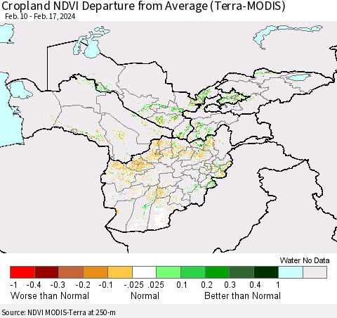Central Asia Cropland NDVI Departure from Average (Terra-MODIS) Thematic Map For 2/10/2024 - 2/17/2024