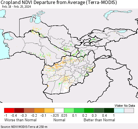 Central Asia Cropland NDVI Departure from Average (Terra-MODIS) Thematic Map For 2/18/2024 - 2/25/2024