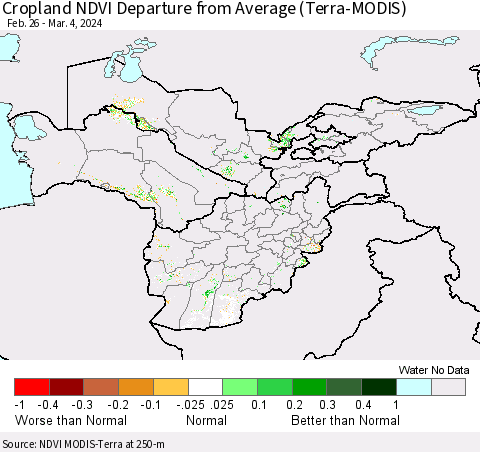 Central Asia Cropland NDVI Departure from Average (Terra-MODIS) Thematic Map For 2/26/2024 - 3/4/2024