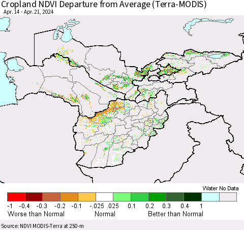 Central Asia Cropland NDVI Departure from Average (Terra-MODIS) Thematic Map For 4/14/2024 - 4/21/2024