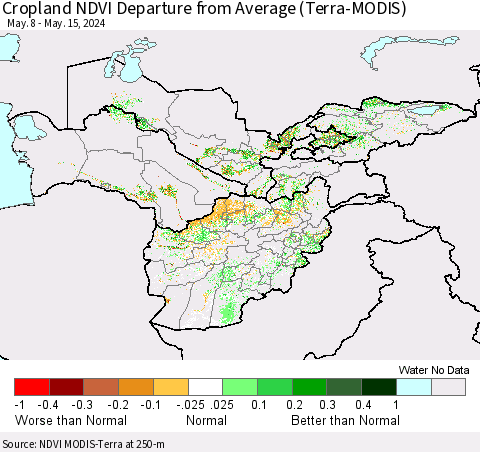 Central Asia Cropland NDVI Departure from Average (Terra-MODIS) Thematic Map For 5/8/2024 - 5/15/2024