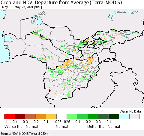 Central Asia Cropland NDVI Departure from Average (Terra-MODIS) Thematic Map For 5/16/2024 - 5/23/2024