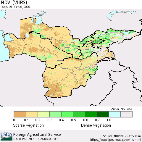 Central Asia NDVI (VIIRS) Thematic Map For 10/1/2020 - 10/10/2020