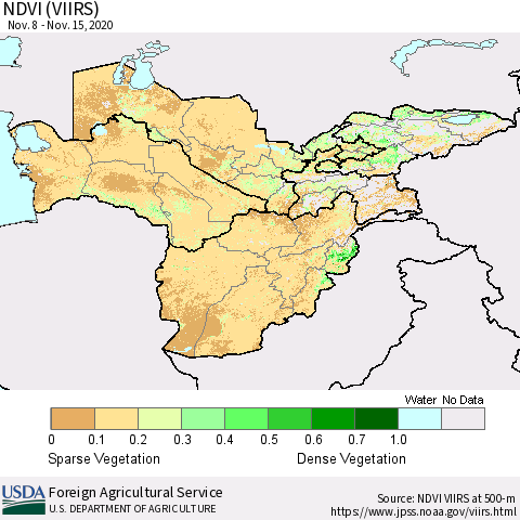 Central Asia NDVI (VIIRS) Thematic Map For 11/11/2020 - 11/20/2020