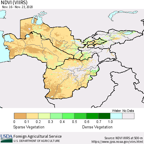 Central Asia NDVI (VIIRS) Thematic Map For 11/21/2020 - 11/30/2020