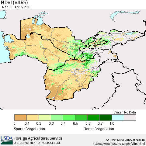Central Asia NDVI (VIIRS) Thematic Map For 4/1/2021 - 4/10/2021