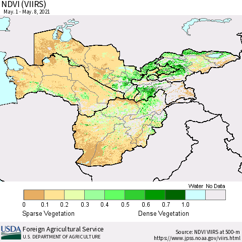 Central Asia NDVI (VIIRS) Thematic Map For 5/1/2021 - 5/10/2021