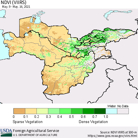 Central Asia NDVI (VIIRS) Thematic Map For 5/11/2021 - 5/20/2021
