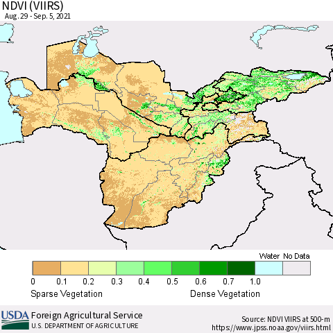 Central Asia NDVI (VIIRS) Thematic Map For 9/1/2021 - 9/10/2021
