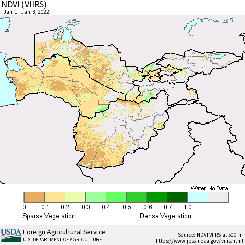Central Asia NDVI (VIIRS) Thematic Map For 1/1/2022 - 1/10/2022