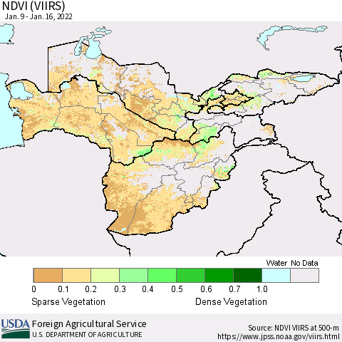 Central Asia NDVI (VIIRS) Thematic Map For 1/11/2022 - 1/20/2022