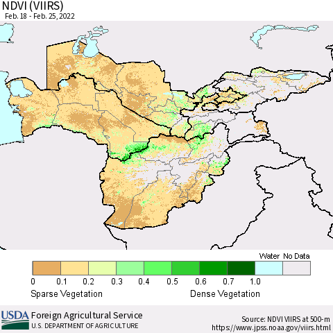 Central Asia NDVI (VIIRS) Thematic Map For 2/21/2022 - 2/28/2022