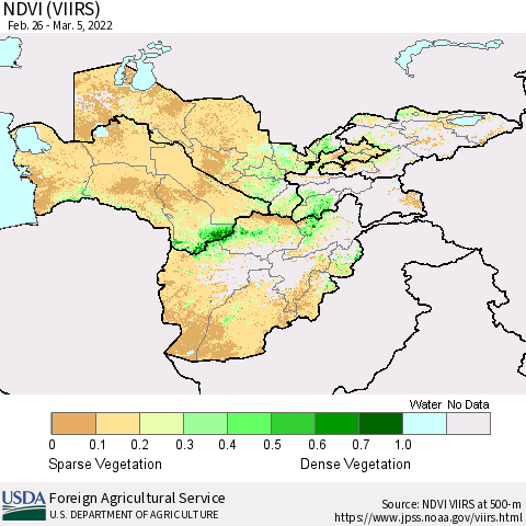 Central Asia NDVI (VIIRS) Thematic Map For 3/1/2022 - 3/10/2022