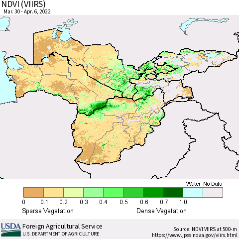 Central Asia NDVI (VIIRS) Thematic Map For 4/1/2022 - 4/10/2022