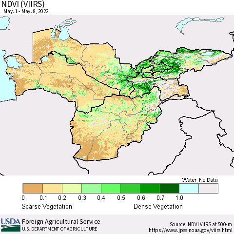 Central Asia NDVI (VIIRS) Thematic Map For 5/1/2022 - 5/10/2022