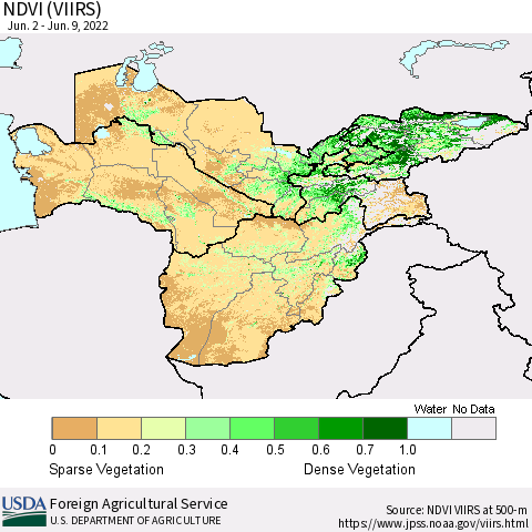 Central Asia NDVI (VIIRS) Thematic Map For 6/1/2022 - 6/10/2022