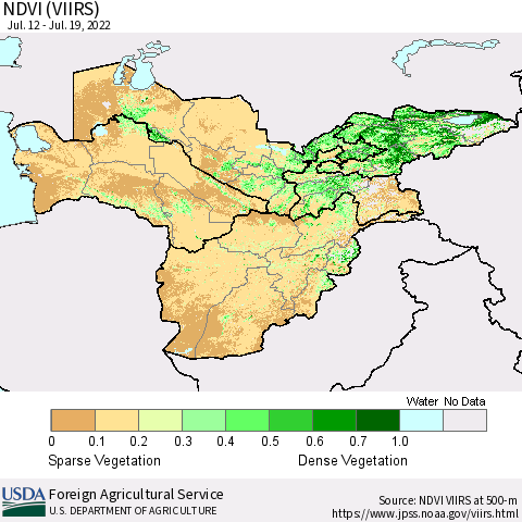 Central Asia NDVI (VIIRS) Thematic Map For 7/11/2022 - 7/20/2022