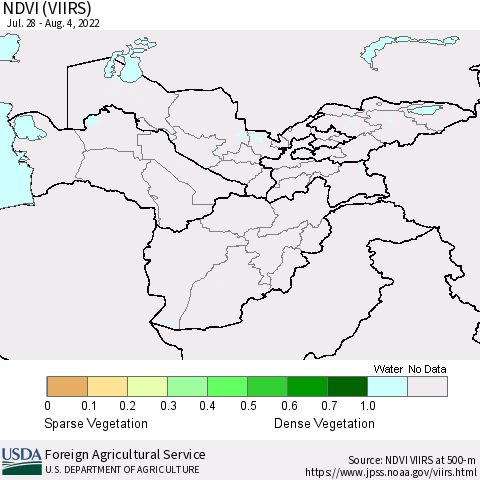 Central Asia NDVI (VIIRS) Thematic Map For 8/1/2022 - 8/10/2022