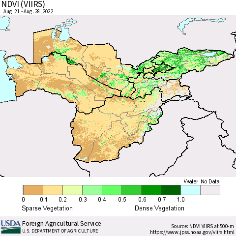 Central Asia NDVI (VIIRS) Thematic Map For 8/21/2022 - 8/31/2022