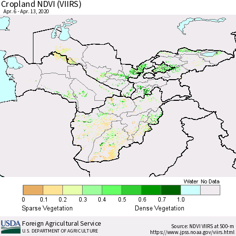 Central Asia Cropland NDVI (VIIRS) Thematic Map For 4/11/2020 - 4/20/2020