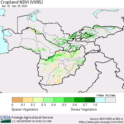 Central Asia Cropland NDVI (VIIRS) Thematic Map For 4/21/2020 - 4/30/2020