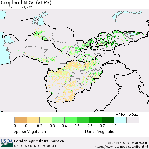 Central Asia Cropland NDVI (VIIRS) Thematic Map For 6/21/2020 - 6/30/2020