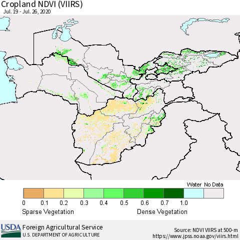 Central Asia Cropland NDVI (VIIRS) Thematic Map For 7/21/2020 - 7/31/2020