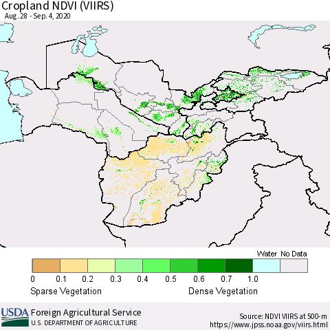 Central Asia Cropland NDVI (VIIRS) Thematic Map For 9/1/2020 - 9/10/2020