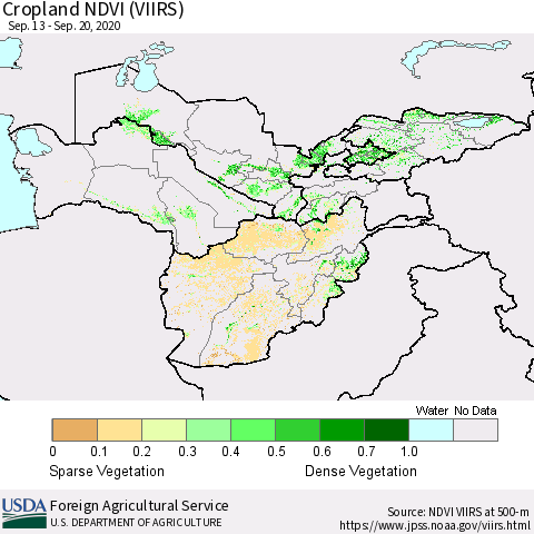 Central Asia Cropland NDVI (VIIRS) Thematic Map For 9/11/2020 - 9/20/2020