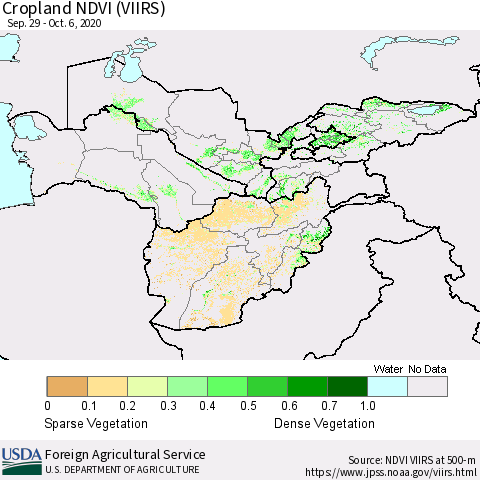 Central Asia Cropland NDVI (VIIRS) Thematic Map For 10/1/2020 - 10/10/2020