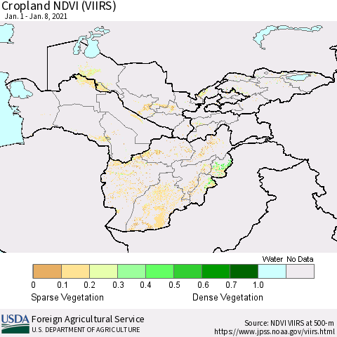 Central Asia Cropland NDVI (VIIRS) Thematic Map For 1/1/2021 - 1/10/2021