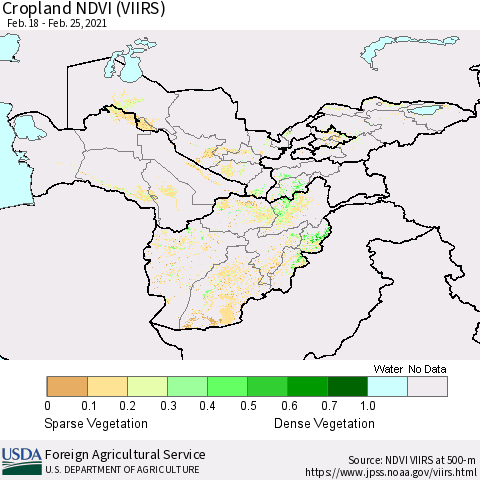 Central Asia Cropland NDVI (VIIRS) Thematic Map For 2/21/2021 - 2/28/2021