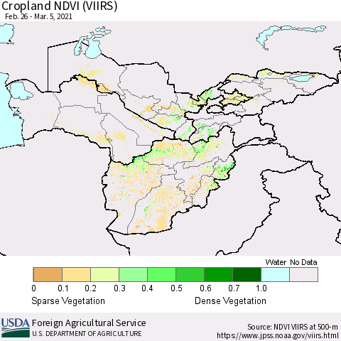Central Asia Cropland NDVI (VIIRS) Thematic Map For 3/1/2021 - 3/10/2021