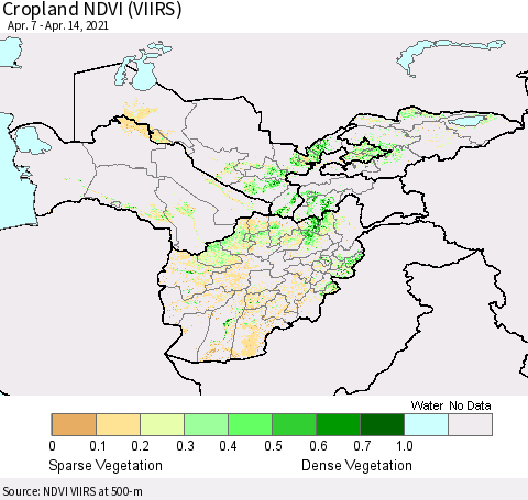 Central Asia Cropland NDVI (VIIRS) Thematic Map For 4/7/2021 - 4/14/2021