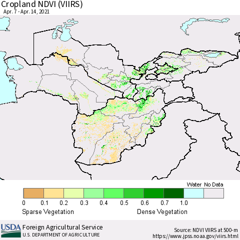 Central Asia Cropland NDVI (VIIRS) Thematic Map For 4/11/2021 - 4/20/2021