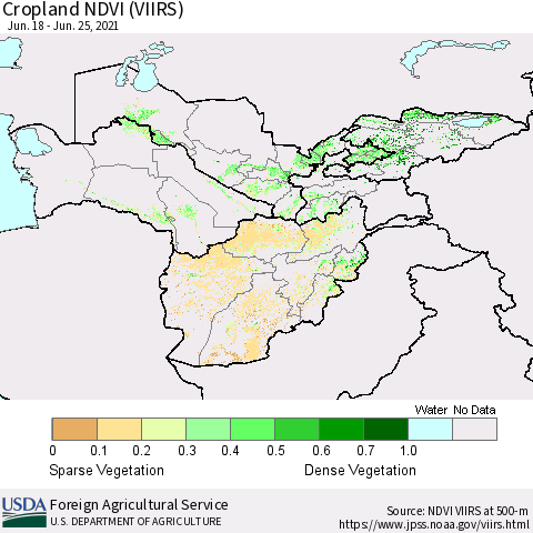 Central Asia Cropland NDVI (VIIRS) Thematic Map For 6/21/2021 - 6/30/2021