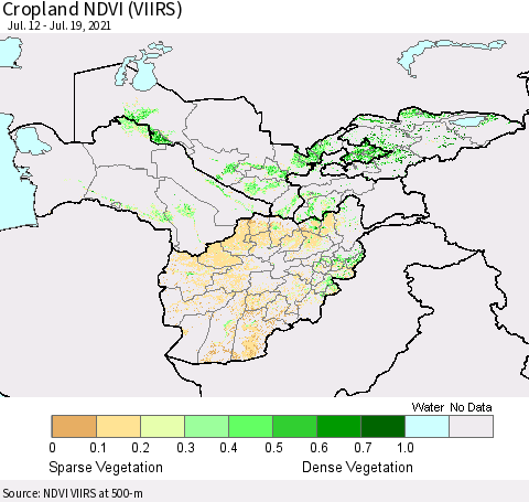 Central Asia Cropland NDVI (VIIRS) Thematic Map For 7/12/2021 - 7/19/2021