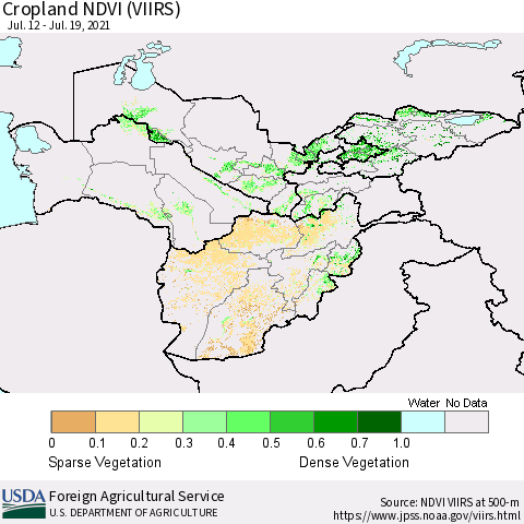 Central Asia Cropland NDVI (VIIRS) Thematic Map For 7/11/2021 - 7/20/2021
