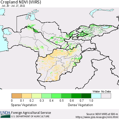 Central Asia Cropland NDVI (VIIRS) Thematic Map For 7/21/2021 - 7/31/2021