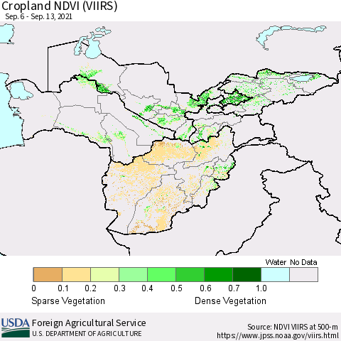 Central Asia Cropland NDVI (VIIRS) Thematic Map For 9/11/2021 - 9/20/2021