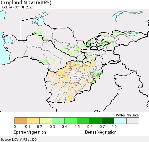Central Asia Cropland NDVI (VIIRS) Thematic Map For 10/21/2021 - 10/31/2021