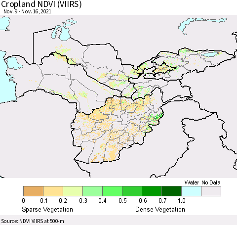 Central Asia Cropland NDVI (VIIRS) Thematic Map For 11/9/2021 - 11/16/2021