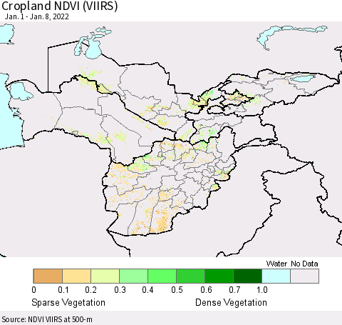 Central Asia Cropland NDVI (VIIRS) Thematic Map For 1/1/2022 - 1/8/2022