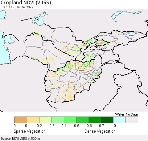 Central Asia Cropland NDVI (VIIRS) Thematic Map For 1/17/2022 - 1/24/2022