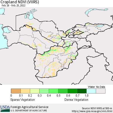 Central Asia Cropland NDVI (VIIRS) Thematic Map For 2/21/2022 - 2/28/2022