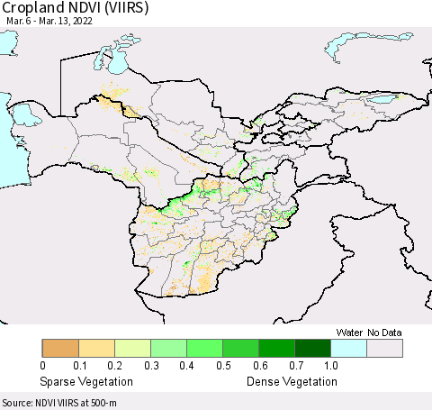 Central Asia Cropland NDVI (VIIRS) Thematic Map For 3/6/2022 - 3/13/2022
