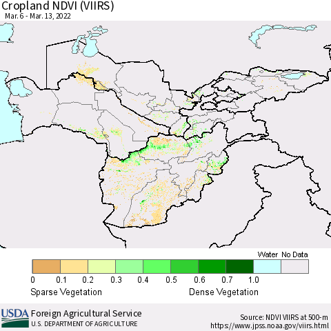 Central Asia Cropland NDVI (VIIRS) Thematic Map For 3/11/2022 - 3/20/2022