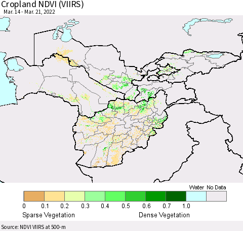 Central Asia Cropland NDVI (VIIRS) Thematic Map For 3/14/2022 - 3/21/2022